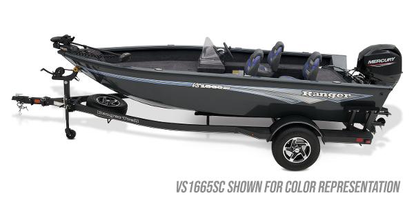 Ranger VS1682SC Angler 2024 Ranger VS1682SC Angler fishing boat with trailer, side view.