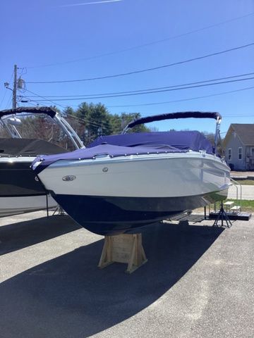 Cobalt R4 2025 Cobalt R4 boat with blue cover, parked outdoors on a sunny day.