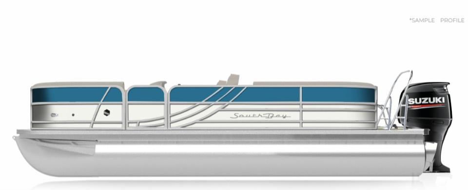 South Bay 222RSLE 2025 South Bay 222RSLE pontoon boat with Suzuki outboard motor, side profile view.