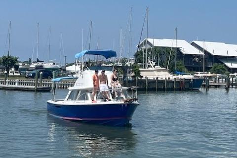Bertram Flybridge Cruiser 1979 Bertram Flybridge Cruiser on calm waters near a marina, with people on deck.