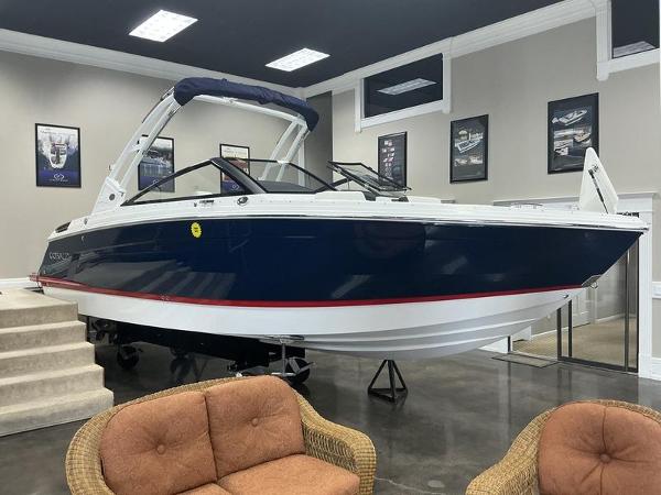 Cobalt R6 2025 Cobalt R6 boat displayed indoors, featuring sleek design and modern aesthetics.