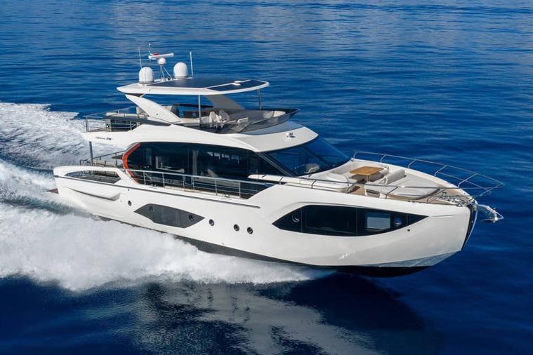 Absolute 70 Fly Luxury Absolute 70 Fly yacht cruising on open sea, 2026 model.