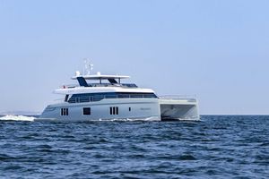 Sunreef 80 Sunreef Power Luxurious 2026 Sunreef 80 Power yacht cruising on open sea.