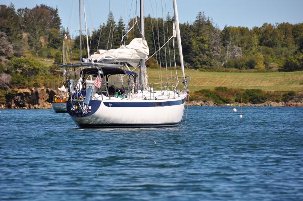 Ericson 39 Flushdeck 1972 Ericson 39 Flushdeck sailboat anchored on a serene lake with lush green shoreline.