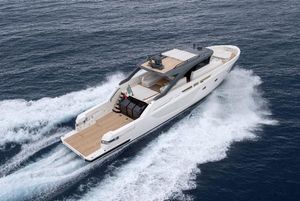 Bluegame BG74 2025 Bluegame BG74 yacht cruising on open sea, showcasing sleek design and spacious deck.