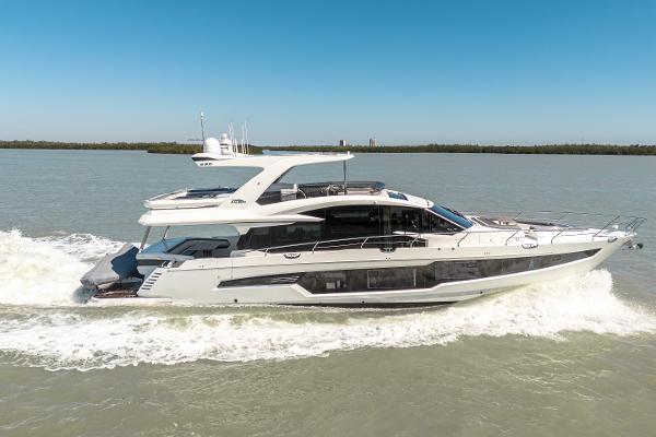 Galeon 680 Fly Luxury 2020 Galeon 680 Fly yacht cruising on open water.
