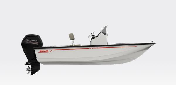 Boston Whaler 150 Montauk 2026 Boston Whaler 150 Montauk boat with Mercury outboard motor, side view.