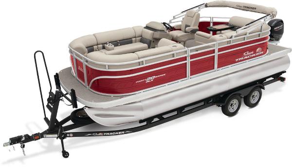 Sun Tracker Party Barge 20 DLX 2025 Sun Tracker PARTY BARGE® 20 DLX pontoon boat on trailer, red and beige design.