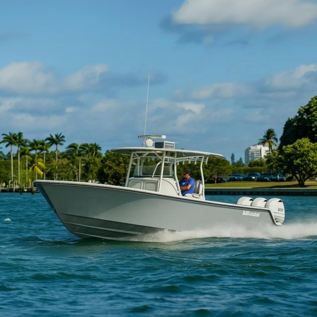 Reef Runner 340 2026 Reef Runner 340 boat cruising on a sunny day, surrounded by lush greenery.