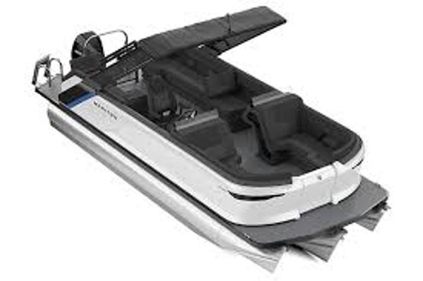 Manitou Explore 2025 Manitou Explore pontoon boat with sleek design and modern features.