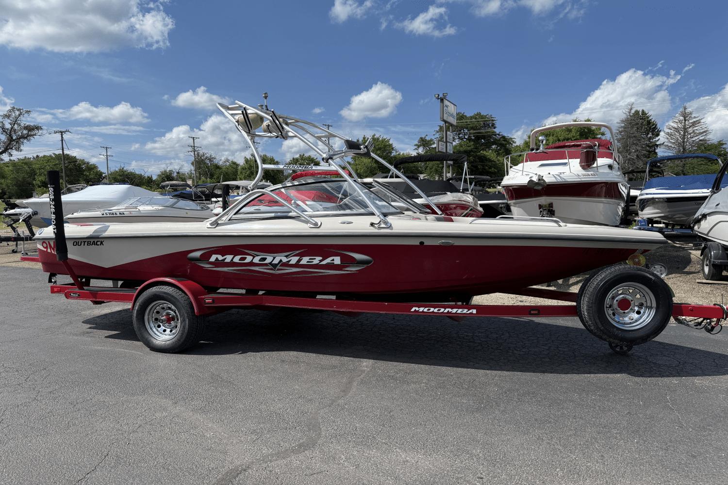 Moomba 20 Outback 2009 Moomba 20 Outback boat on trailer under a clear blue sky.