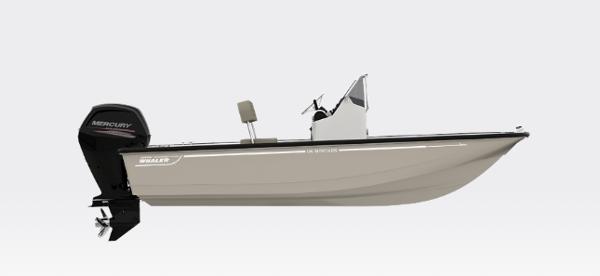 Boston Whaler 150 Montauk 2026 Boston Whaler 150 Montauk boat with Mercury outboard motor, side view.