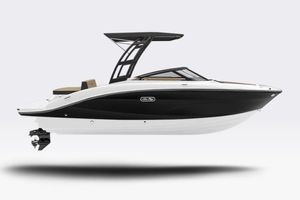 Sea Ray SPX 210 2026 Sea Ray SPX 210 boat, sleek black and white design, side view.