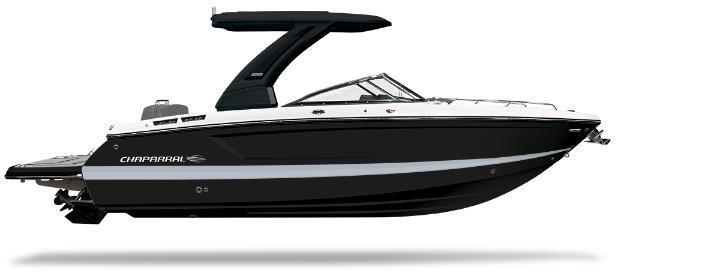 Chaparral 2870 2025 Chaparral 2870 boat, sleek black and white design, side view.