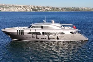 Mengi Yay Custom Luxurious 2015 Mengi Yay Custom yacht cruising on a serene blue sea.