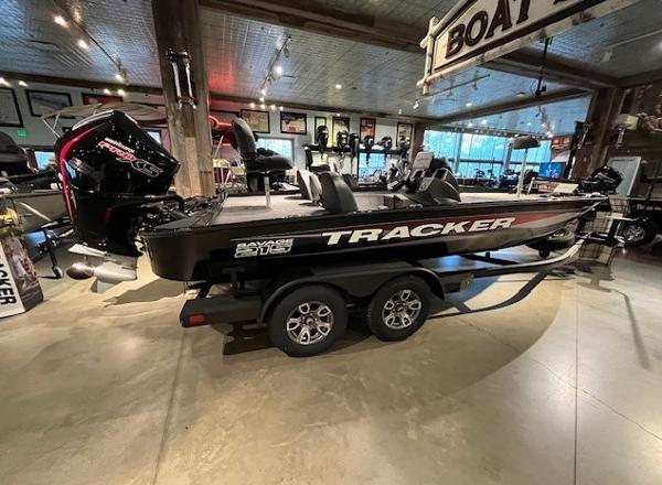 Tracker Savage 215 2025 Tracker Savage 215 boat displayed indoors on a trailer.