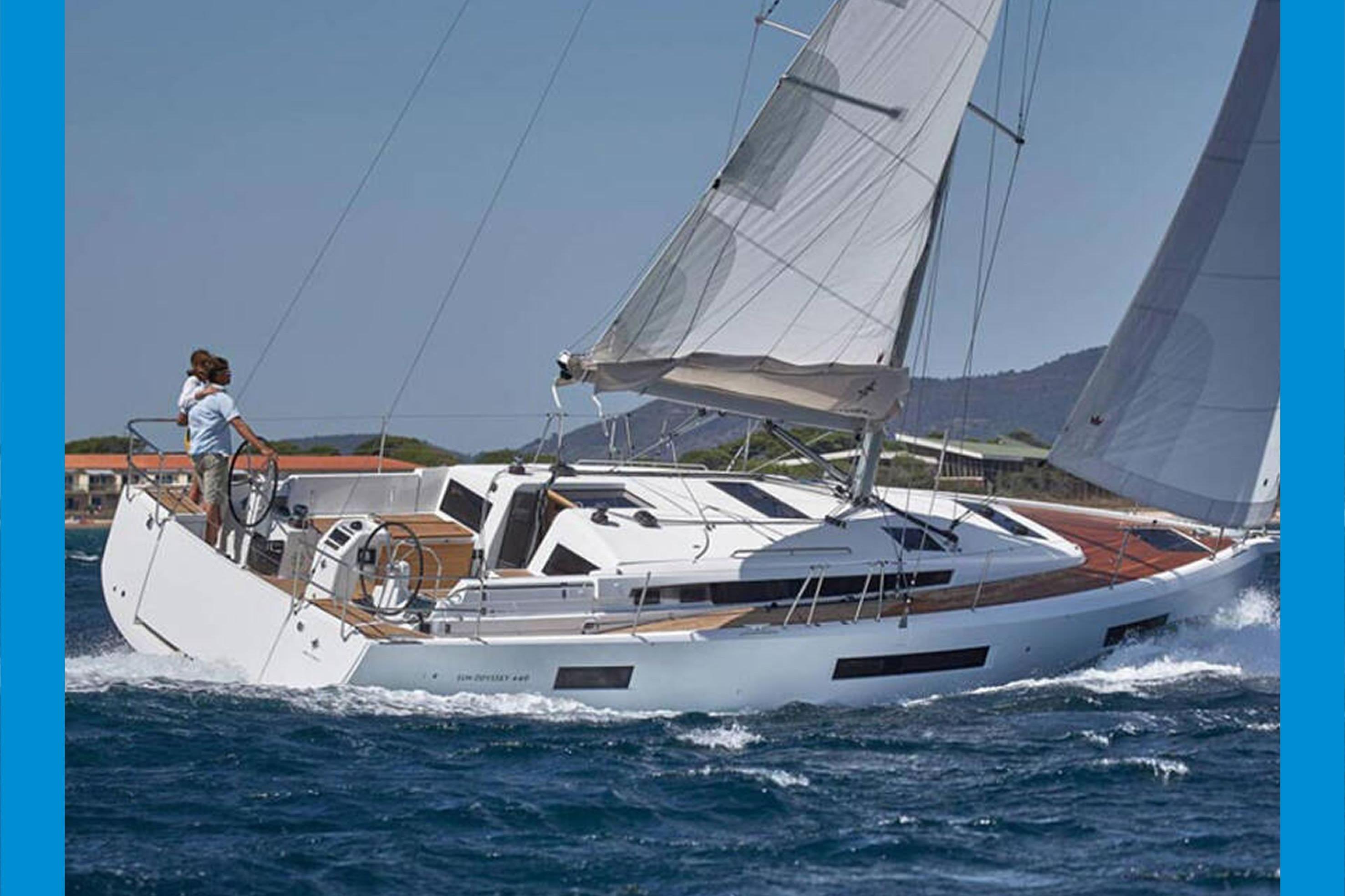 Jeanneau Sun Odyssey 440 2023 Jeanneau Sun Odyssey 440 sailing on open water, showcasing sleek design and performance.