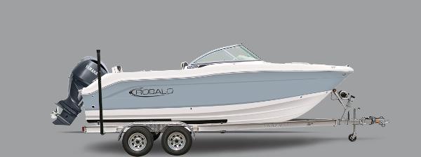 Robalo R207 2025 Robalo R207 boat on trailer, side view, gray background.