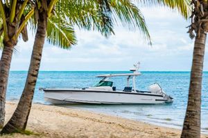Axopar 29 Sun Top 2025 Axopar 29 Sun Top boat anchored on tropical beach with palm trees.