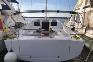 Elan Impression 45 2025 Elan Impression 45 yacht docked at marina, rear view.