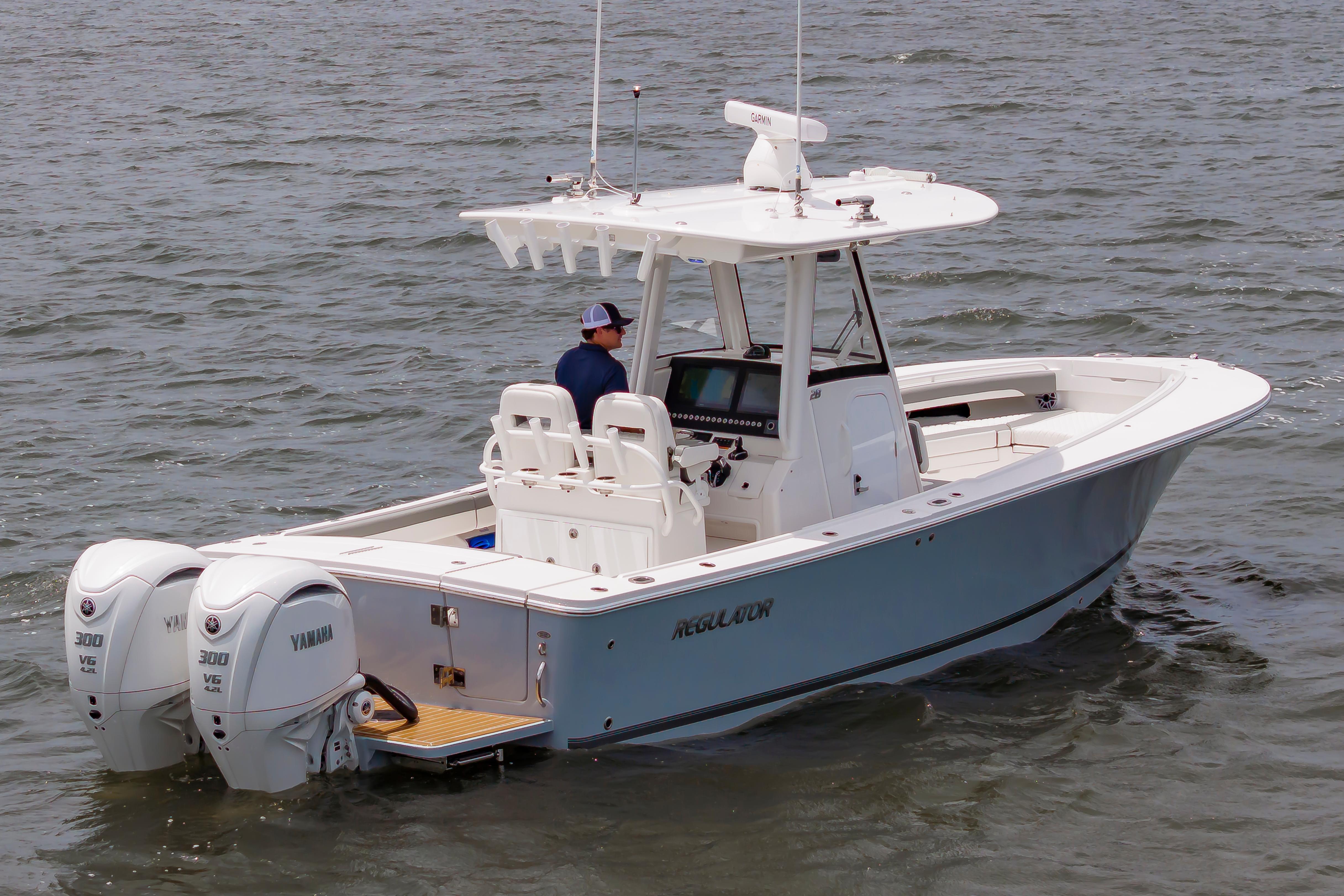 Regulator 28 2025 Regulator 28 boat with dual Yamaha 300 engines on open water.