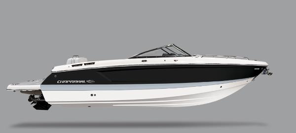 Chaparral 267 SSX 2025 Chaparral 267 SSX boat, sleek black and white design, side view.
