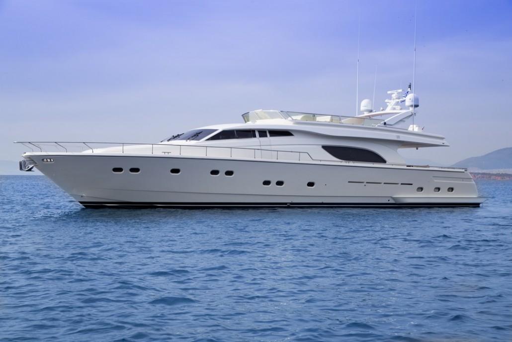 Ferretti Yachts 80 RPH Luxury 2001 Ferretti Yachts 80 RPH cruising on calm blue waters.