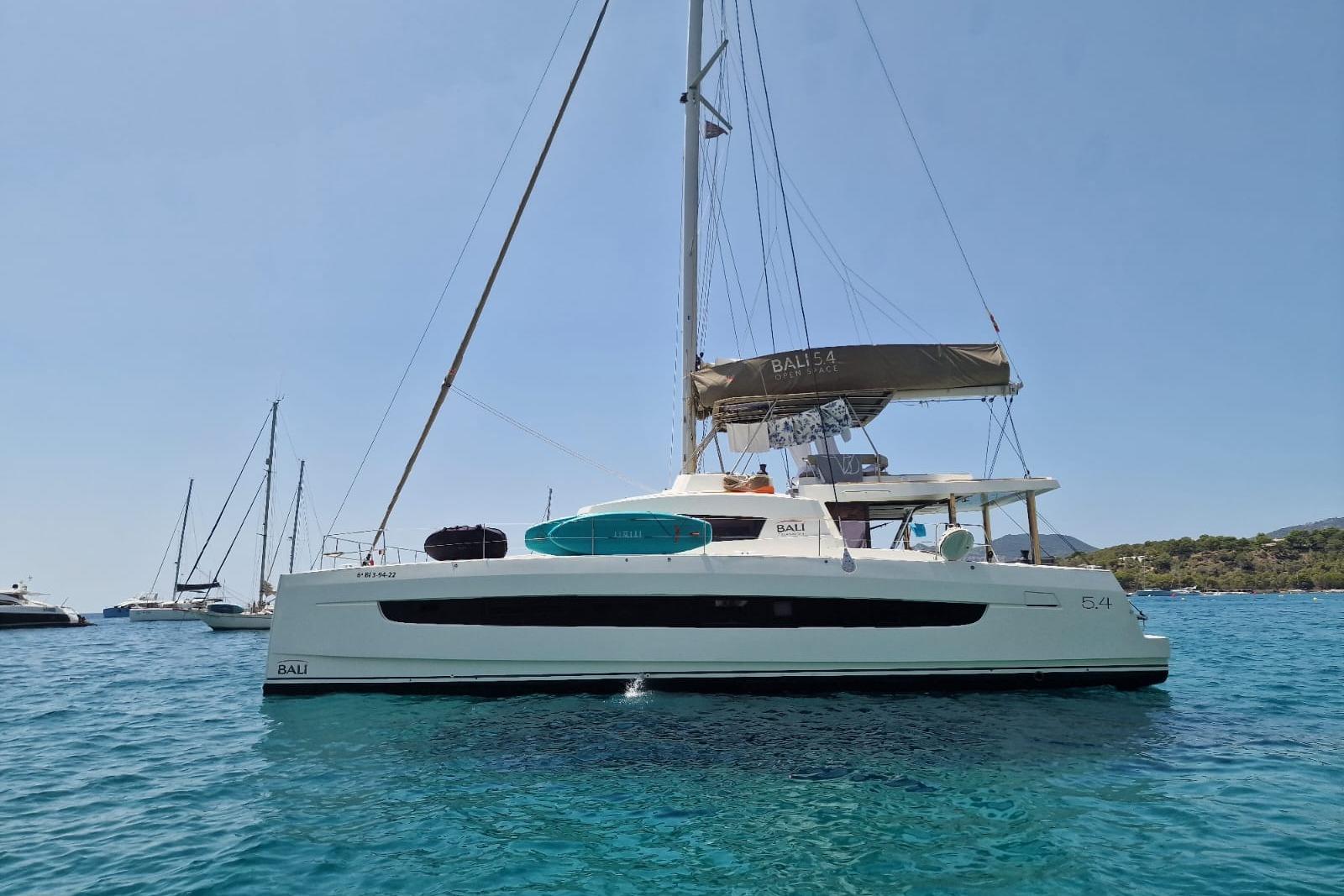 Bali 5.4 Open Space 2022 Bali 5.4 Open Space catamaran sailing on clear blue water.