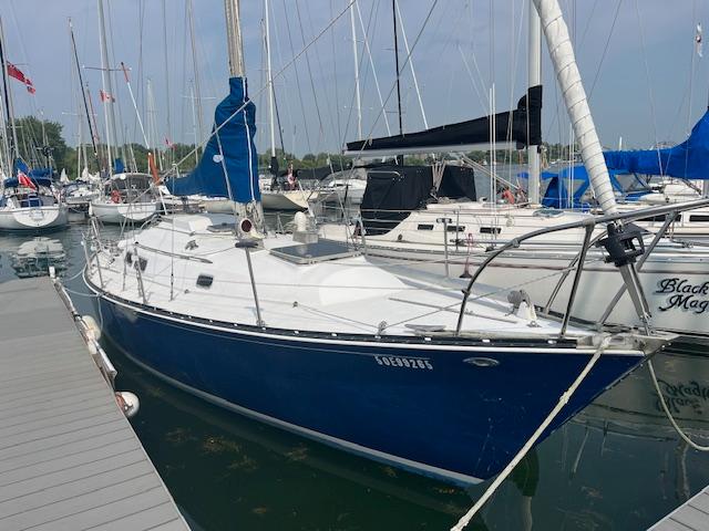 C&C 35 MkII 1974 C&C 35 MkII sailboat docked in a marina, featuring a blue hull and white deck.