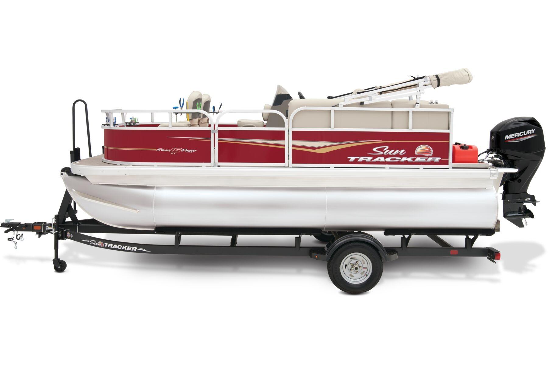 Sun Tracker BASS BUGGY 16XL SELECT 2026 Sun Tracker BASS BUGGY 16XL SELECT pontoon boat on trailer, side view.