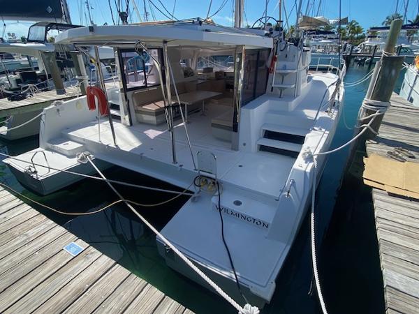Bali 4.0 2017 Bali 4.0 catamaran docked at marina, rear view.