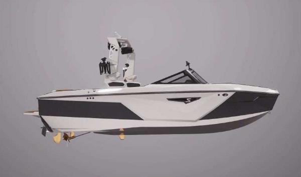 Nautique S21 2024 Nautique S21 boat, sleek design, side view, black and white color scheme.