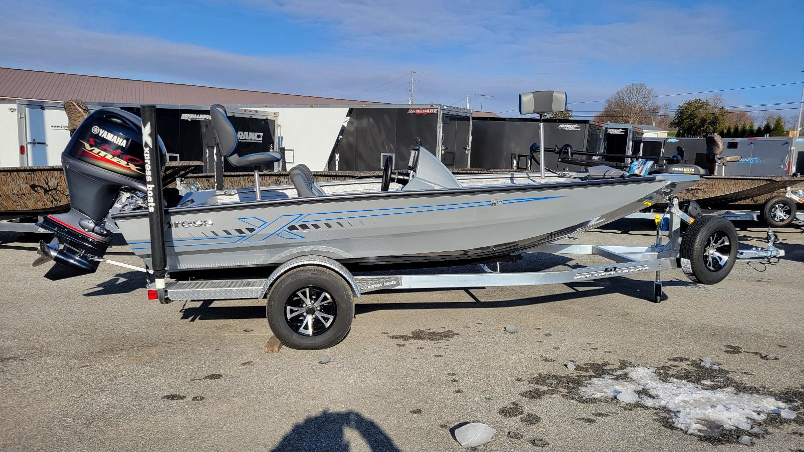 Xpress H17 Bass w/ Yamaha Vmax 90 SHO (In stock!) 2025 Xpress H17 Bass boat with Yamaha Vmax 90 SHO engine on trailer.
