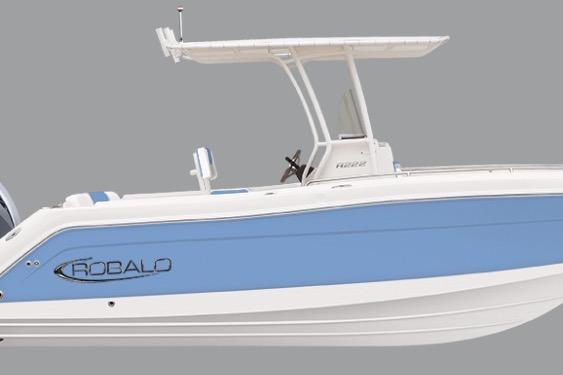 Robalo R222 Center Console 2024 Robalo R222 Center Console boat with blue and white design, side view.