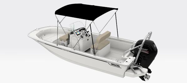 Boston Whaler 170 Montauk 2025 Boston Whaler 170 Montauk boat with canopy and outboard motor.