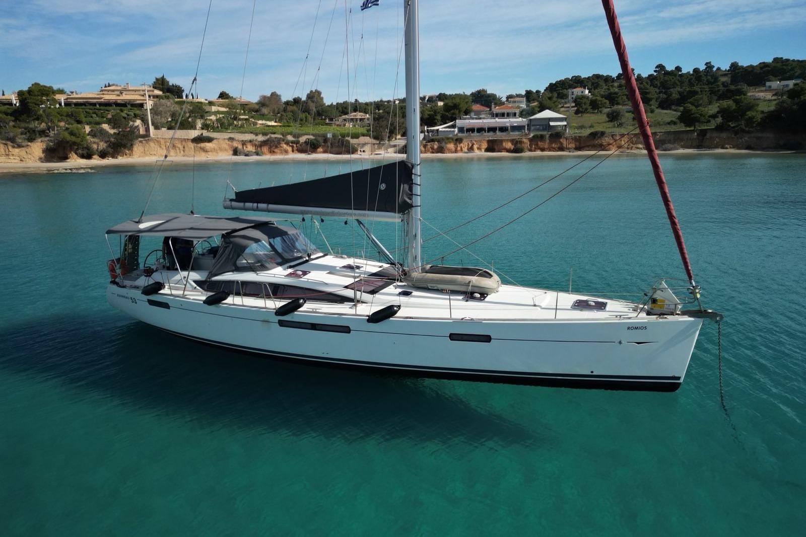 Jeanneau 53 Sailing yacht Jeanneau 53, 2011 model, anchored in clear turquoise waters.