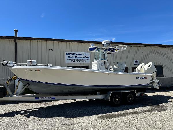 Contender open classic 2018 Contender Open Classic boat on trailer outside Candlewood Boat Restoration.
