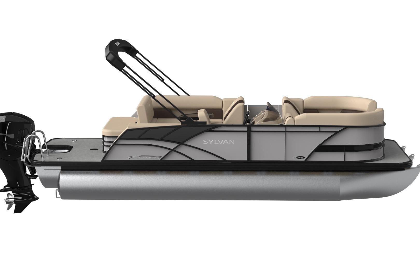 Sylvan Mirage X3 CLZ 2026 Sylvan Mirage X3 CLZ pontoon boat, sleek design, beige seating, outboard motor.