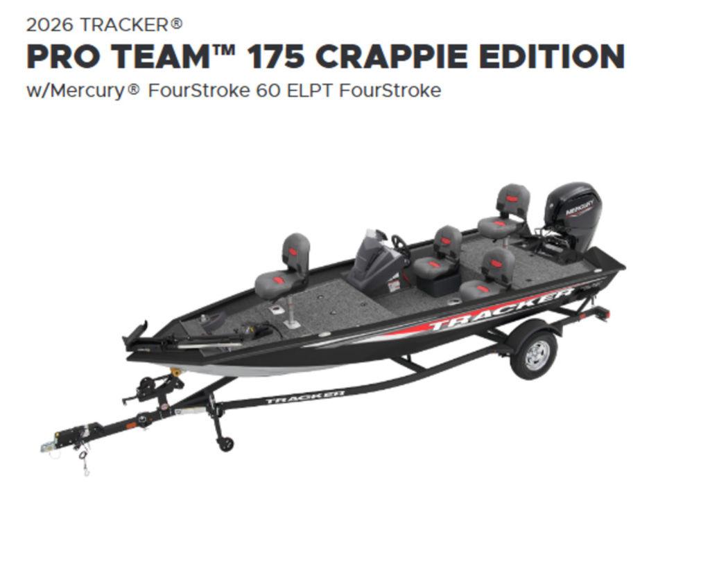 Tracker Pro Team™ 175 Crappie Edition 2026 Tracker Pro Team 175 Crappie Edition boat with Mercury FourStroke engine.