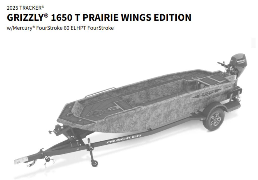 Tracker Grizzly® 1650 T Prairie Wings Edition 2026 Tracker Grizzly 1650 T Prairie Wings Edition boat with Mercury FourStroke engine.
