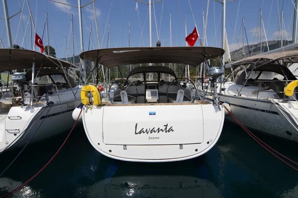 Bavaria Cruiser 46 Bavaria Cruiser 46 yacht, 2015 model, docked with Turkish flags in a marina.