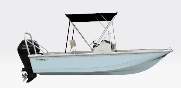 Boston Whaler 170 Montauk 2025 Boston Whaler 170 Montauk boat with canopy and outboard motor, side view.
