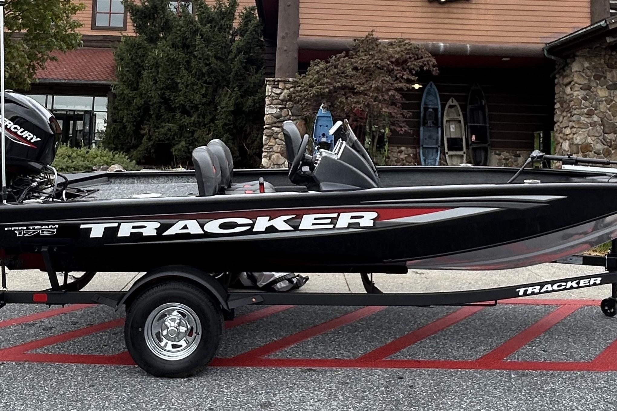 Tracker Pro Team 175 Crappie Edition 2026 Tracker Pro Team 175 Crappie Edition boat on trailer, parked outdoors.
