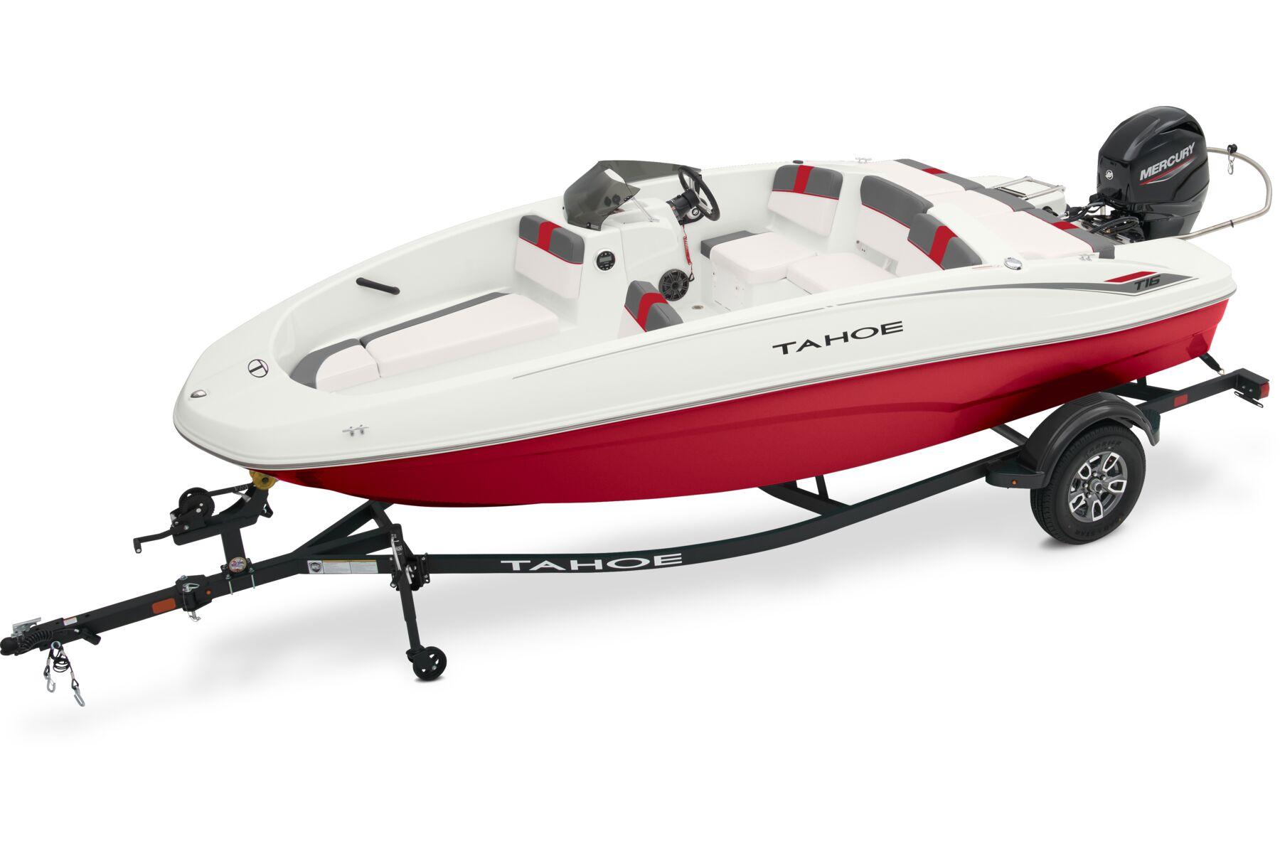 Tahoe T16 2025 Tahoe T16 boat with red hull on trailer, featuring Mercury outboard motor.