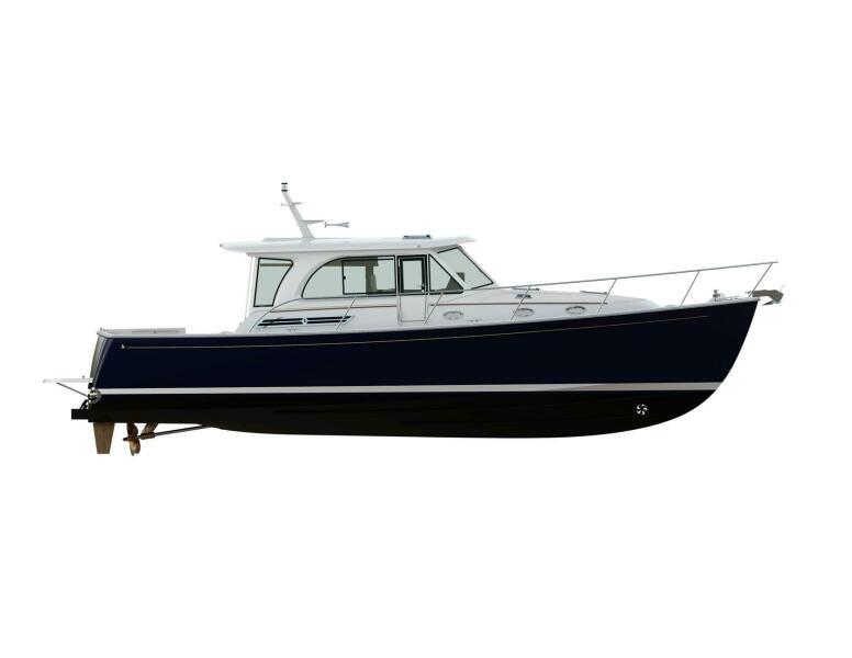 Back Cove 412 2026 Back Cove 412 boat, side view, sleek design, white and navy blue hull.