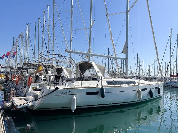 Beneteau Oceanis 45 2019 Beneteau Oceanis 45 sailboat docked in a marina, surrounded by other yachts.