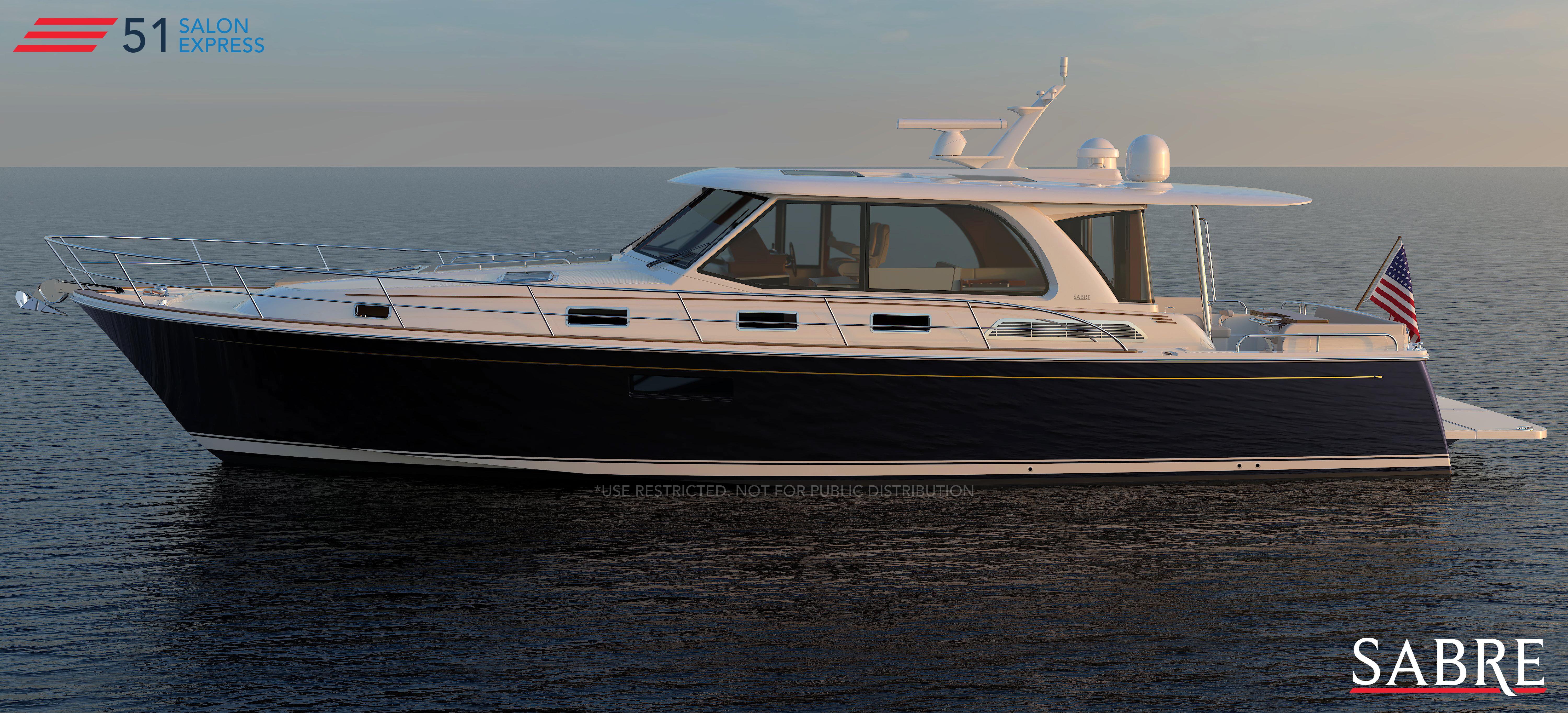 Sabre 51 2026 Sabre 51 Salon Express yacht on calm water at sunset.