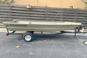 Tracker Grizzly 1648 Utility 2026 Tracker Grizzly 1648 Utility boat on trailer, parked outdoors.