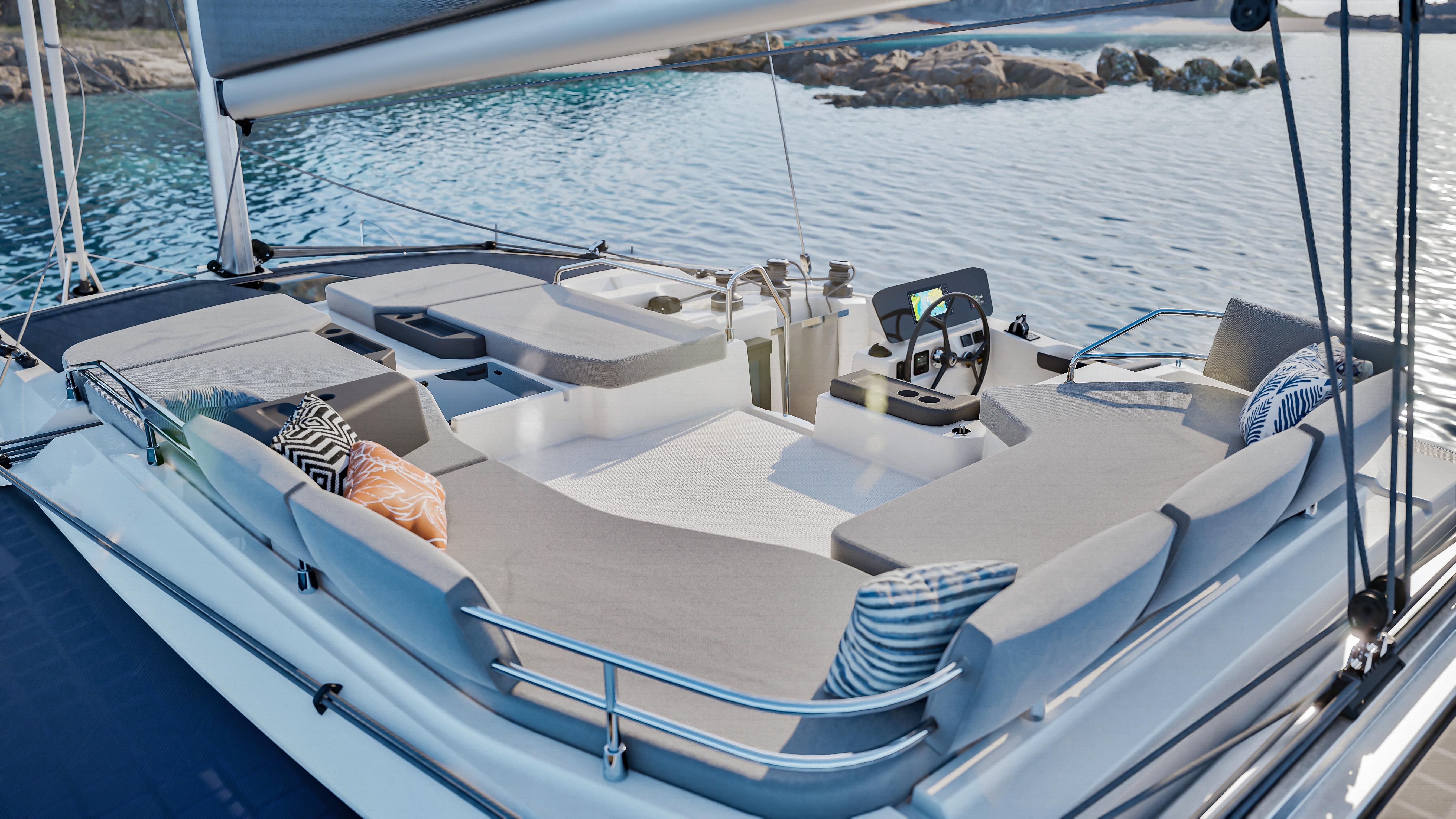 Fountaine Pajot 44 Luxurious 2026 Fountaine Pajot 44 catamaran with spacious deck and modern seating.