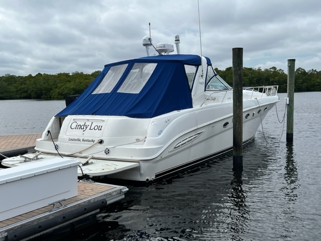 Sea Ray 460 Sundancer Sea Ray 460 Sundancer 2000 yacht docked with blue canopy, named Cindy Lou, Louisville, Kentucky.